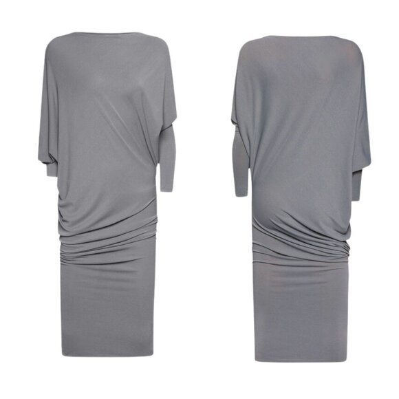 Jo No Fui Dress Faded Jersey Crepe Dress Long Sleeve Tie Cuff Dark Gray NWT L/40 - Picture 2 of 10